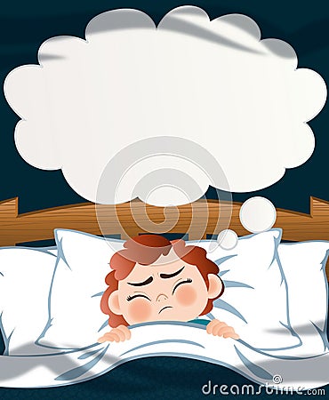 Cute boy sleeps, terrible dream, dark background Stock Photo